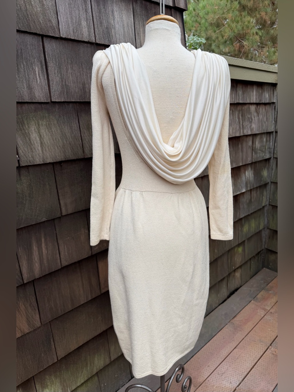 Vintage St. John Santana knit ivory dress backless scoop with scarf draped Sz S - Picture 2 of 11